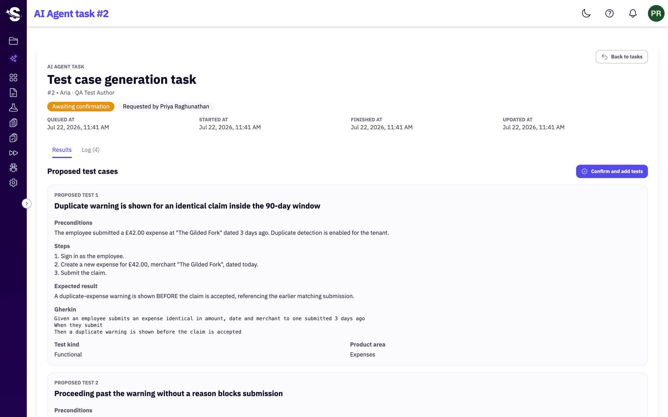 A SmartRuns AI agent task in 'awaiting confirmation' state, showing proposed test cases with steps and Gherkin, and a 'Confirm and add tests' button — nothing is saved until it is confirmed.