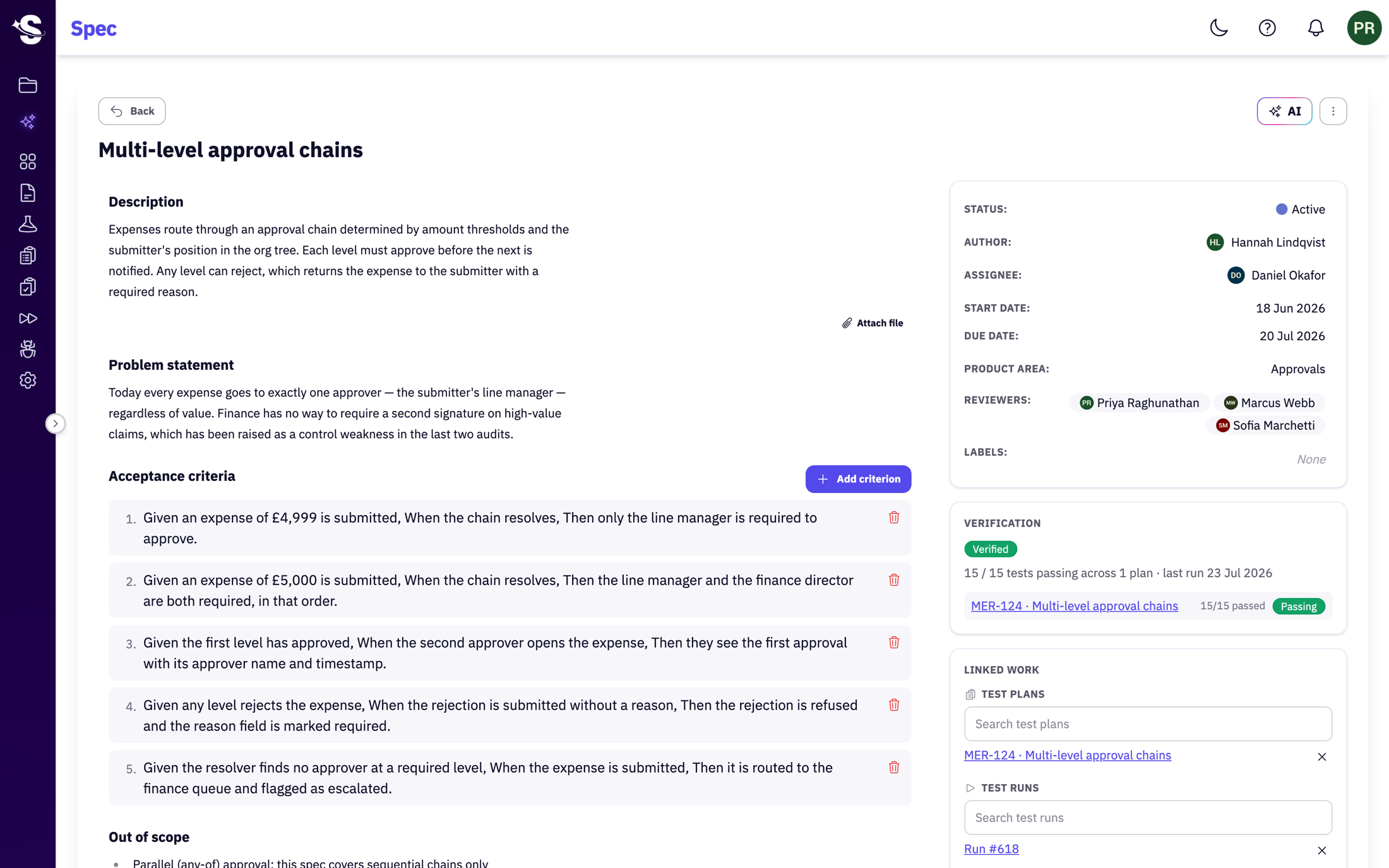 A SmartRuns Spec for multi-level approval chains, showing acceptance criteria and a verification panel reading 15 of 15 tests passing across one linked test plan.