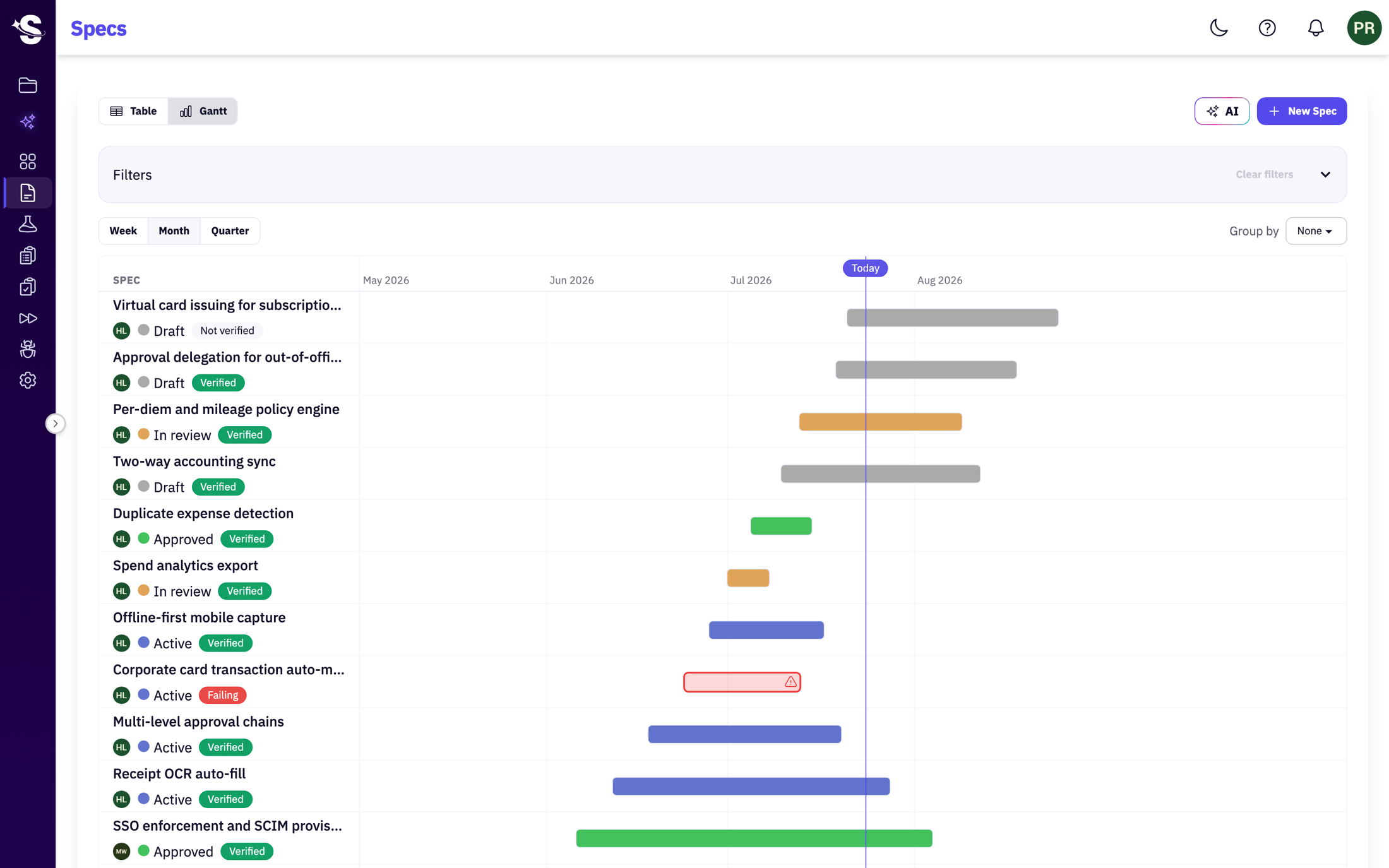 The SmartRuns Specs Gantt view — a timeline of specs coloured by status, each with a verification badge, and a Today marker.