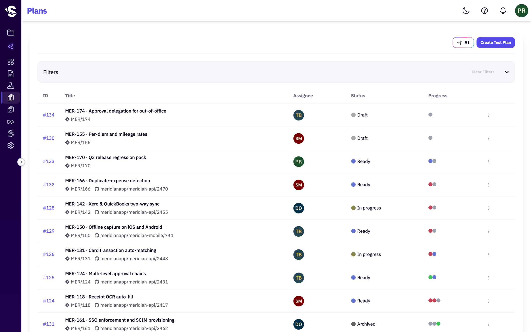 The SmartRuns test plans list, each plan linked to a Jira ticket and a GitHub pull request, with status and progress.