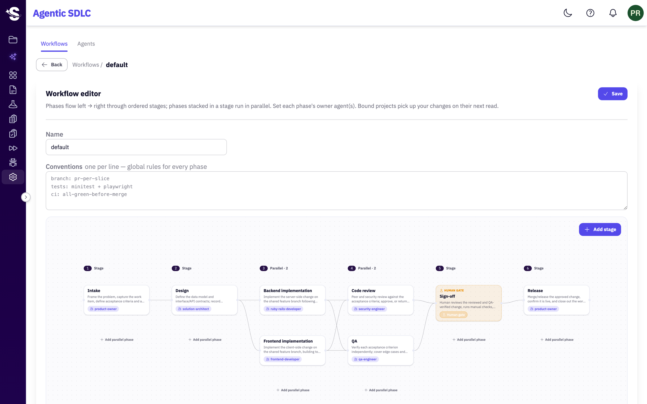 The SmartRuns workflow editor showing a six-stage pipeline — Intake, Design, parallel Backend and Frontend, parallel Code review and QA, a human Sign-off gate, and Release — with an agent role owning each phase and a conventions panel.